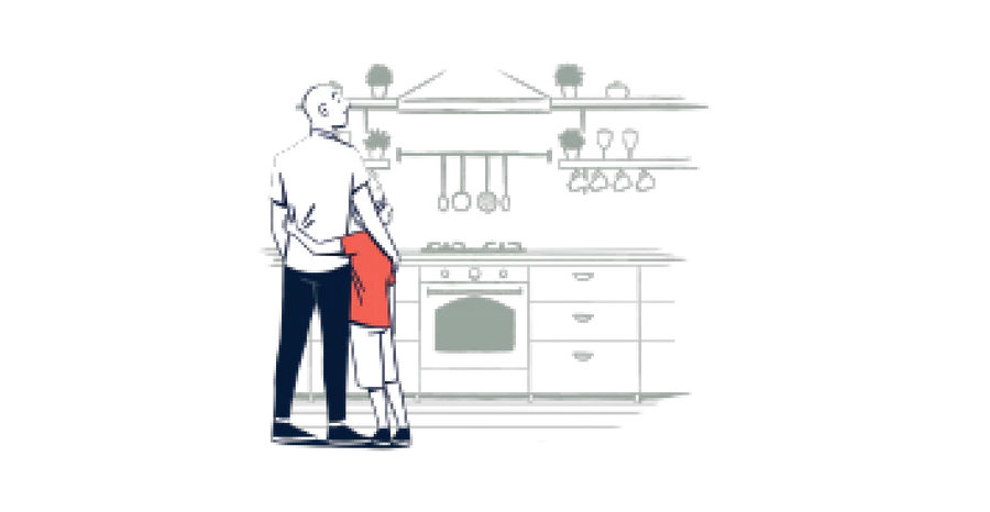 Man and child facing the kitchen