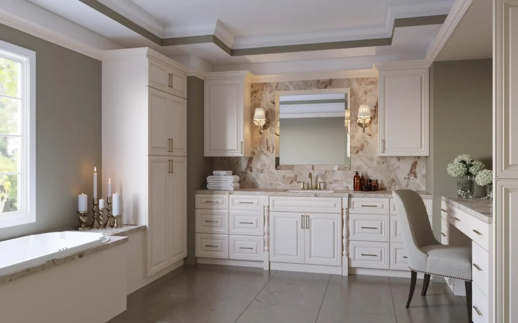 RTA Bathroom Cabinets a bathroom with a marble wall and white cabinets