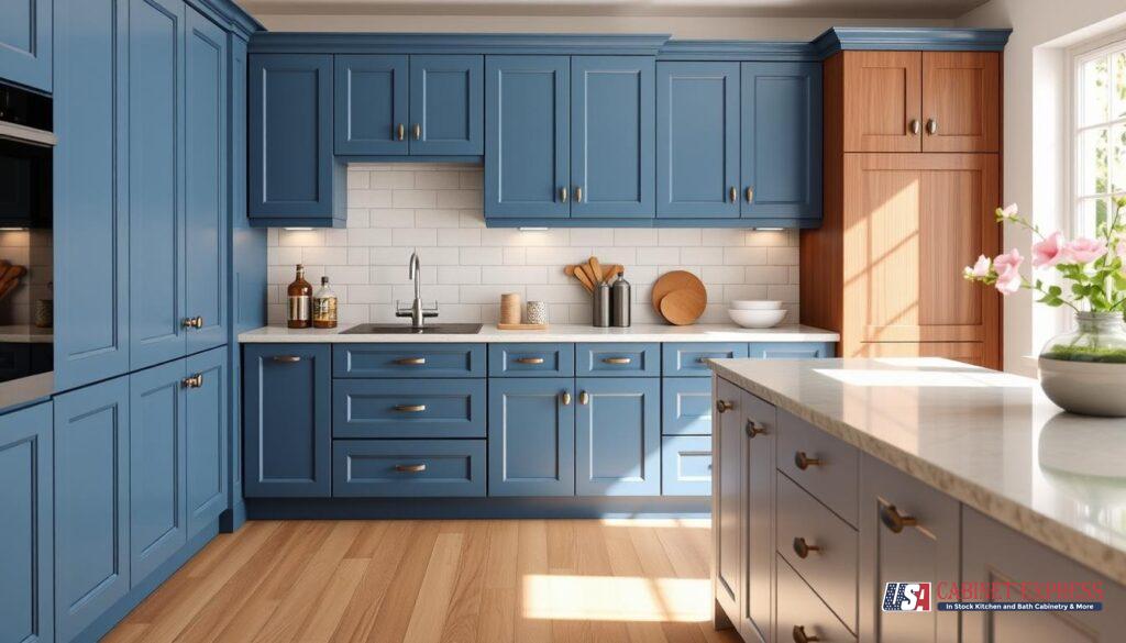 Modern kitchen interior featuring blue cabinetry with shaker-style doors, a white subway tile backsplash, wooden accents, and a central island under bright natural light.