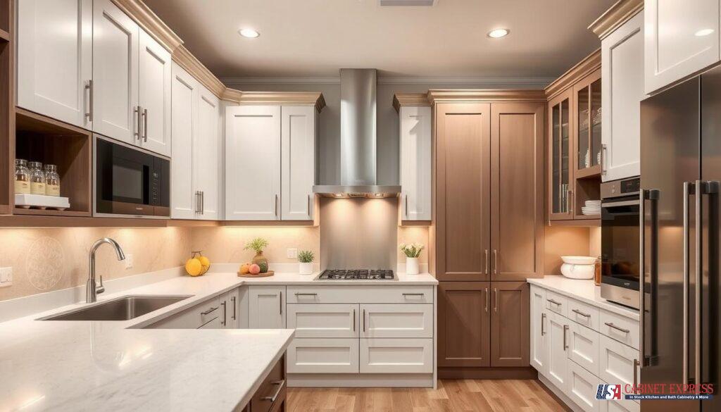 A modern kitchen featuring a two-tone cabinet design with white and wood-finish cabinetry, stainless steel appliances, and a sleek range hood. The space is illuminated by recessed lighting and under-cabinet lights. The USA Cabinet Express logo is visible in the bottom right corner.