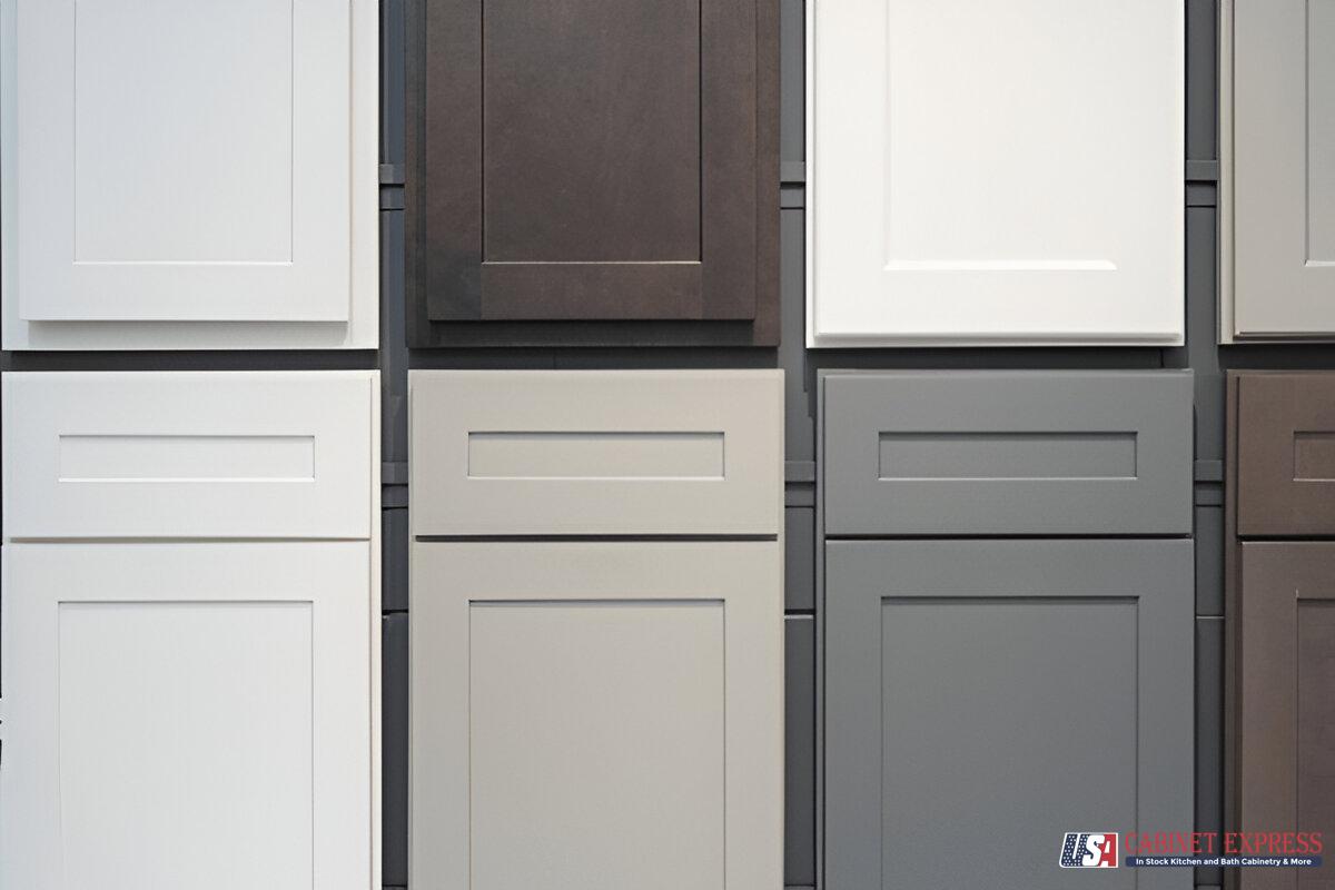 a group of white and grey cabinets