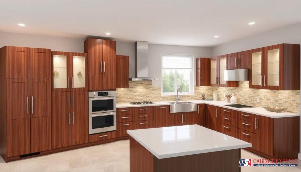 A spacious modern kitchen featuring rich wood cabinetry with sleek silver handles, a white quartz island, and built-in stainless steel appliances. The design includes glass-front cabinets, a warm-toned backsplash, and recessed lighting for a bright and inviting atmosphere. The USA Cabinet Express logo is visible in the bottom right corner.