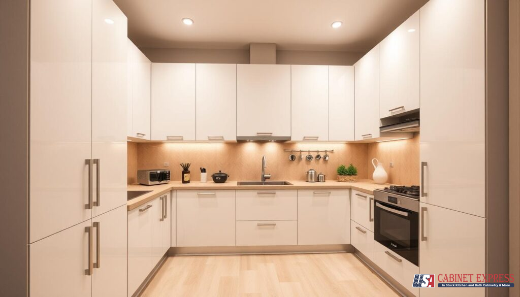 A modern U-shaped kitchen featuring glossy white cabinets with sleek silver handles, warm under-cabinet lighting, and built-in stainless steel appliances. The space is complemented by a light wood backsplash and flooring, creating a bright and inviting atmosphere. The USA Cabinet Express logo is visible in the bottom right corner.