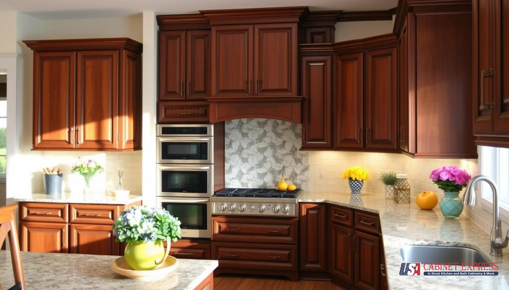 A traditional kitchen featuring rich cherry wood cabinetry, granite countertops, and a decorative tile backsplash. The space includes built-in stainless steel appliances, under-cabinet lighting, and fresh flowers for a warm, inviting atmosphere. The USA Cabinet Express logo is visible in the bottom right corner.