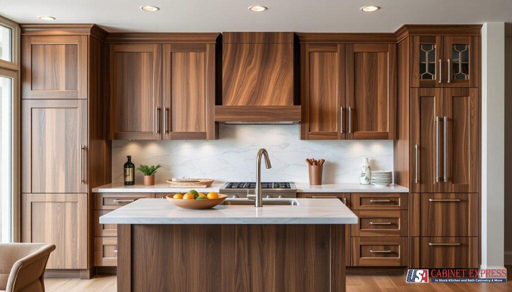 A luxurious kitchen featuring rich wood cabinetry with a matching wood range hood, a marble backsplash, and a white quartz island with a gold faucet. Recessed lighting highlights the elegant design. The USA Cabinet Express logo is visible in the bottom right corner.