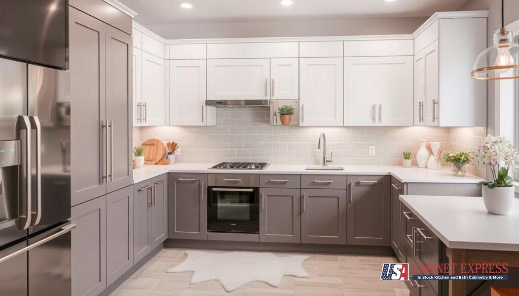 a kitchen with white cabinets and white countertops