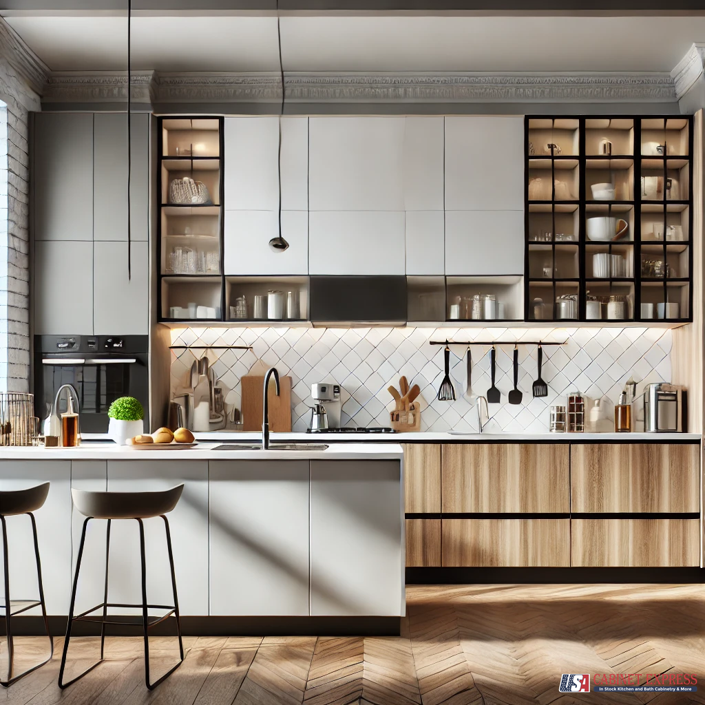 A modern kitchen with a mix of white and wood cabinetry, glass-front upper cabinets, and a sleek island with bar seating. The space features a white tiled backsplash, under-cabinet lighting, and built-in appliances. Pendant lighting and natural light enhance the warm and stylish atmosphere. The USA Cabinet Express logo is visible in the bottom right corner.