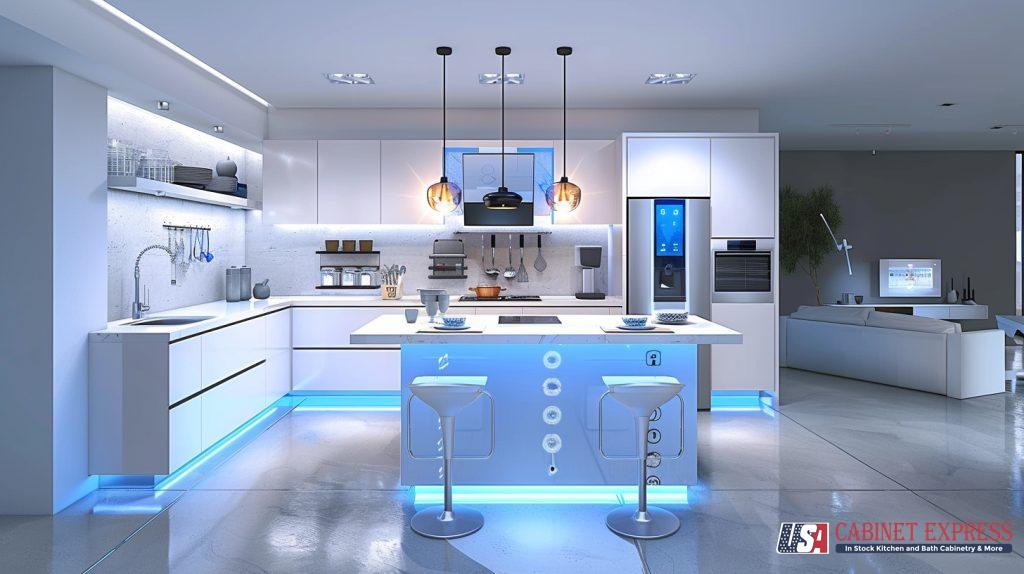 A futuristic smart kitchen featuring sleek white cabinetry, high-tech appliances, and blue LED accent lighting. The space includes a modern island with built-in controls, pendant lighting, and integrated storage solutions. A connected living area is visible in the background. The USA Cabinet Express logo is displayed in the bottom right corner.