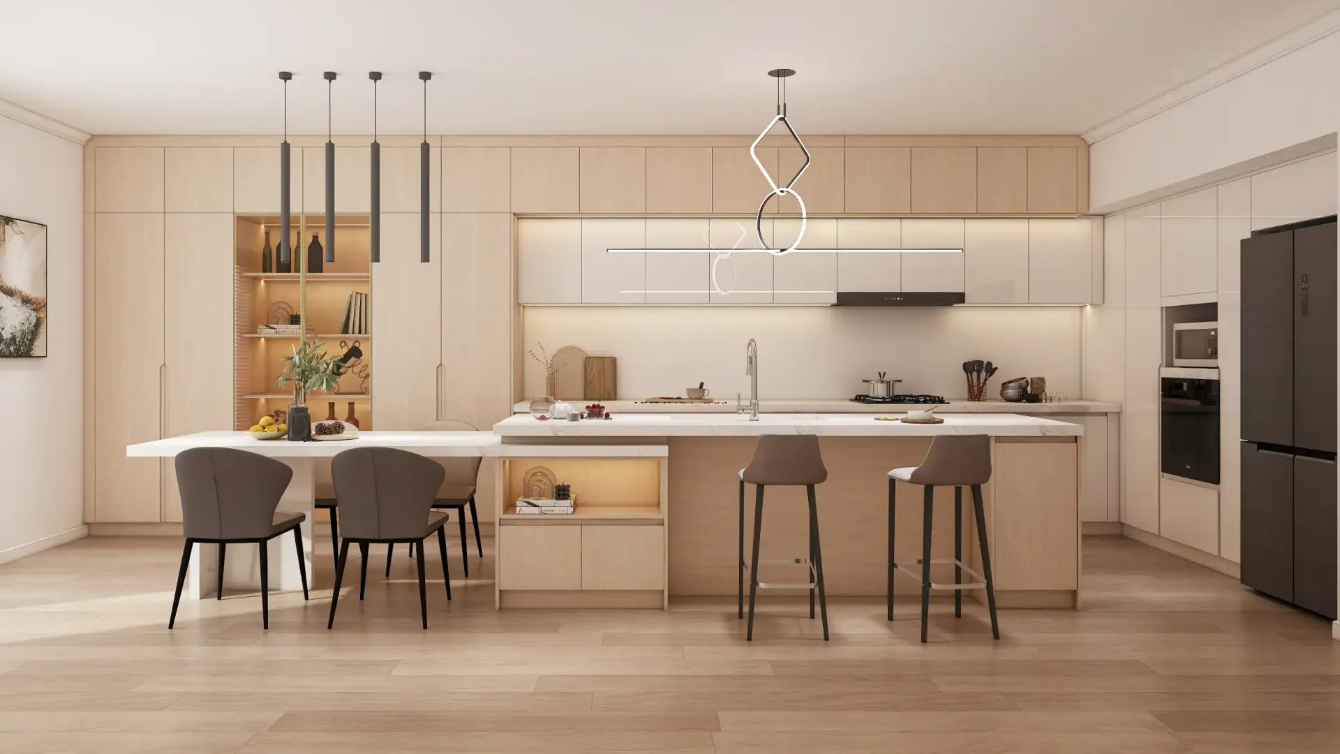 Modern minimalist kitchen with light wood cabinetry, a large island with integrated dining table, pendant lighting, and built-in appliances.