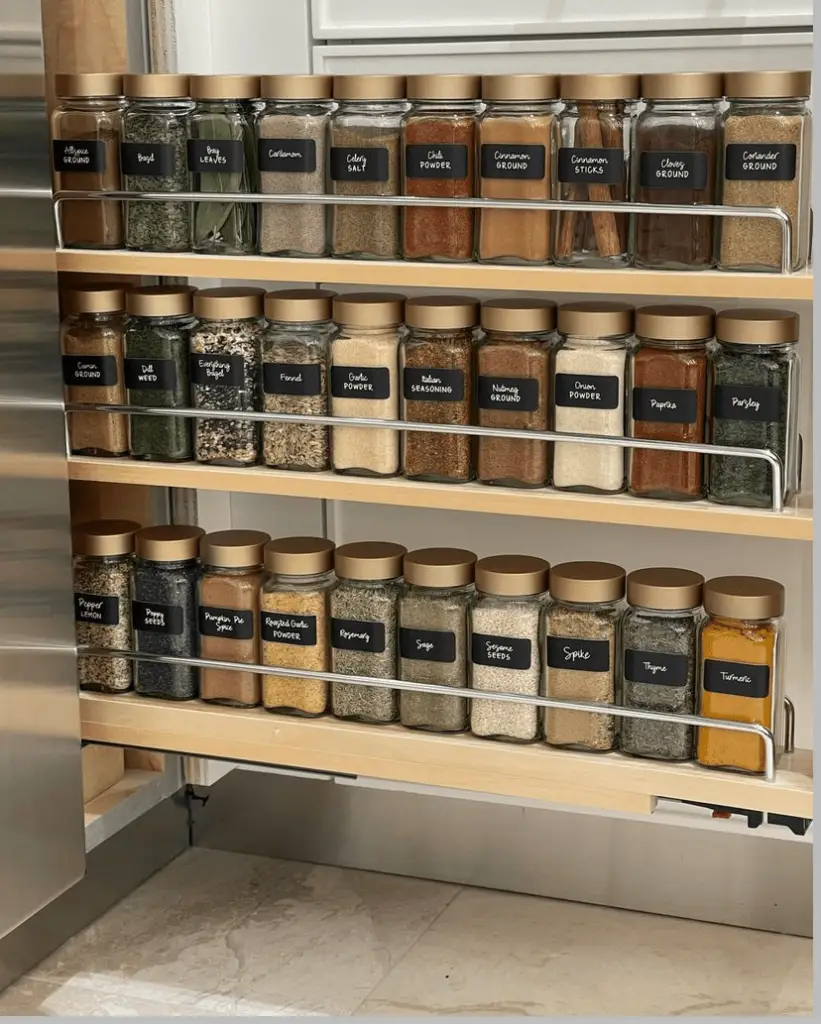 A neatly organized pull-out spice rack with labeled glass jars featuring gold lids, arranged for easy access to a variety of seasonings and herbs.