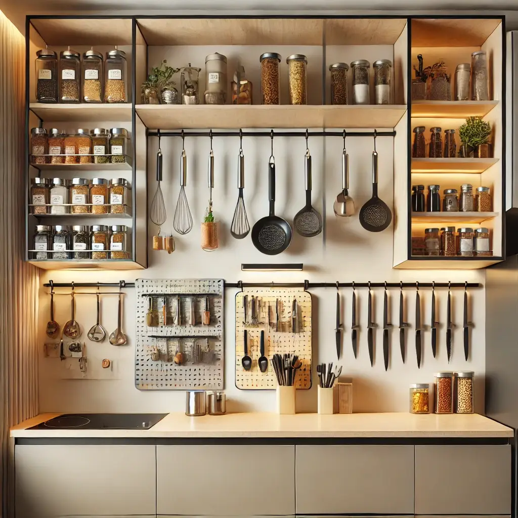 How to Organize Your Kitchen Cabinets Like a Pro (Step-by-Step Guide) 12 A modern and organized kitchen with open shelving, hanging storage for utensils, spice jars, and knives, featuring a stylish and functional design.