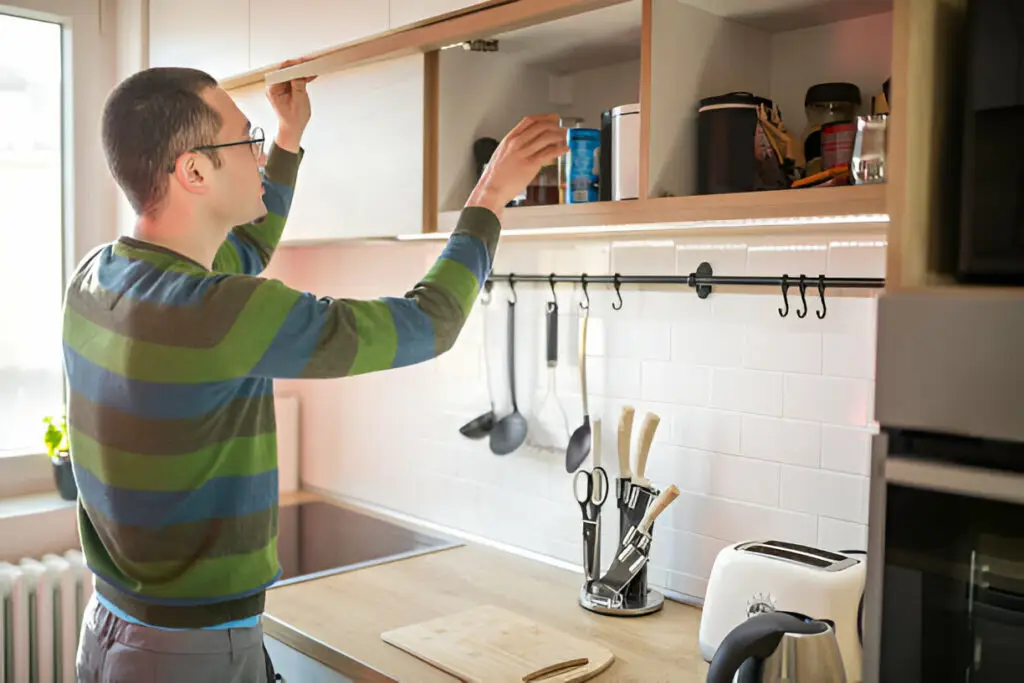 10 Eco-Friendly Kitchen Cabinet Storage Ideas for a Greener Home 2 Man opening upper kitchen cabinet
