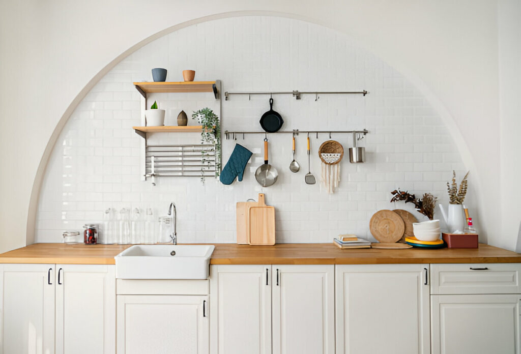 10 Eco-Friendly Kitchen Cabinet Storage Ideas for a Greener Home 3 Modern kitchen with white cabinets and wooden countertop.