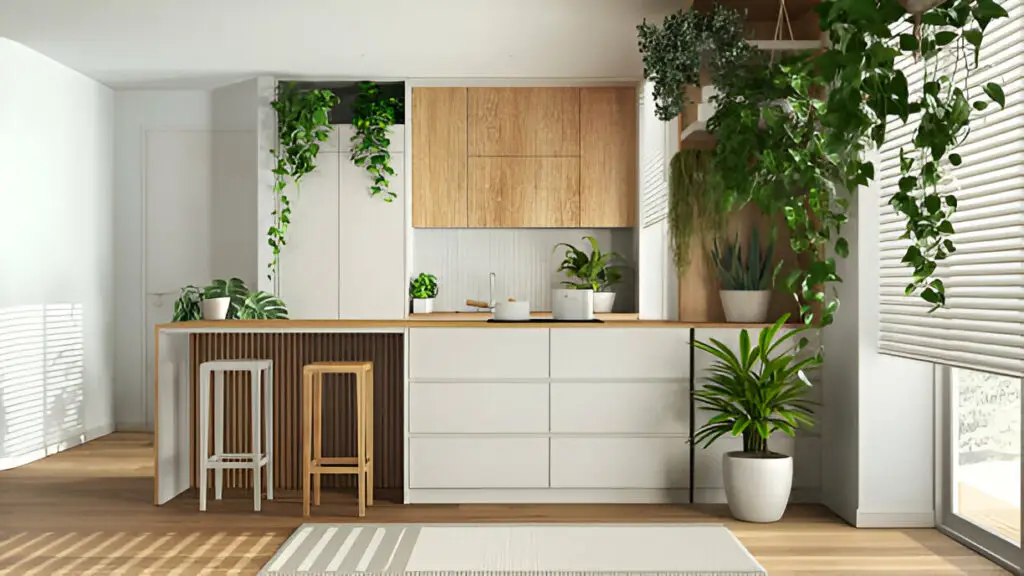 10 Eco-Friendly Kitchen Cabinet Storage Ideas for a Greener Home 4 Modern kitchen with natural wood cabinets and indoor plants.