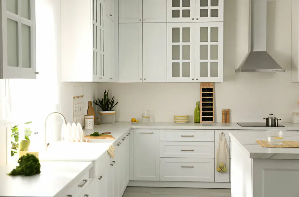 10 Eco-Friendly Kitchen Cabinet Storage Ideas for a Greener Home 7 Bright white kitchen with modern cabinets and natural light.