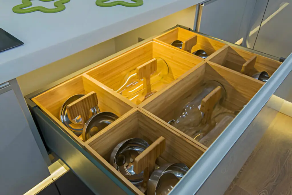 10 Eco-Friendly Kitchen Cabinet Storage Ideas for a Greener Home 12 Organized kitchen drawer with wooden dividers for pots and lids