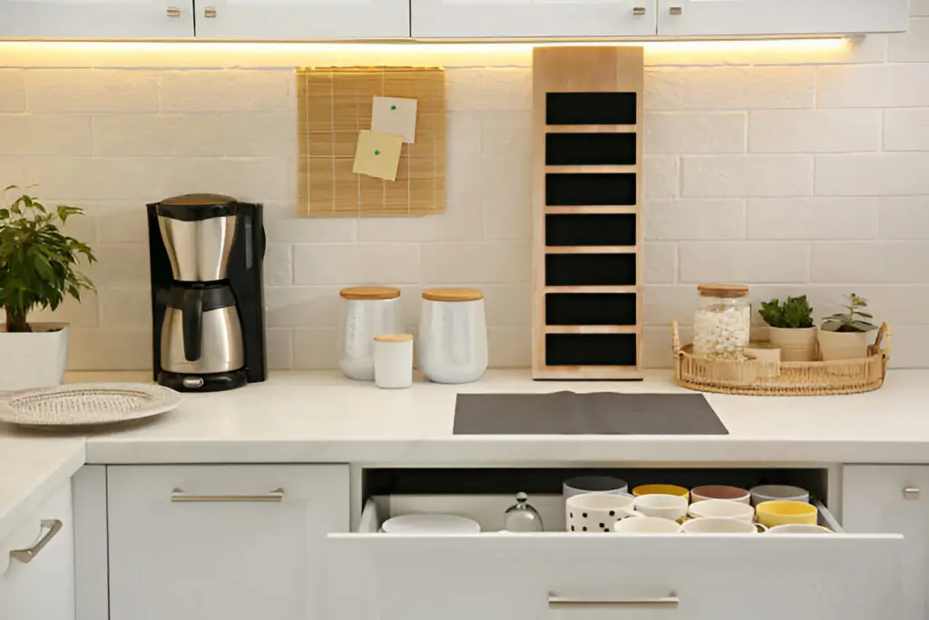 18 Smart Ways to Organize Your Kitchen Cabinets: A Must-Read Guide 1 White modern kitchen with organized drawer for coffee mugs and cups