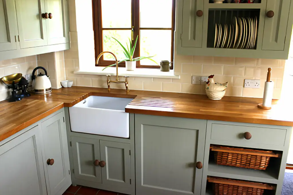 How to Organize Your Kitchen Cabinets Like a Pro (Step-by-Step Guide) 1 Farmhouse kitchen with sage green cabinets, a farmhouse sink, wooden countertops, and rustic accents