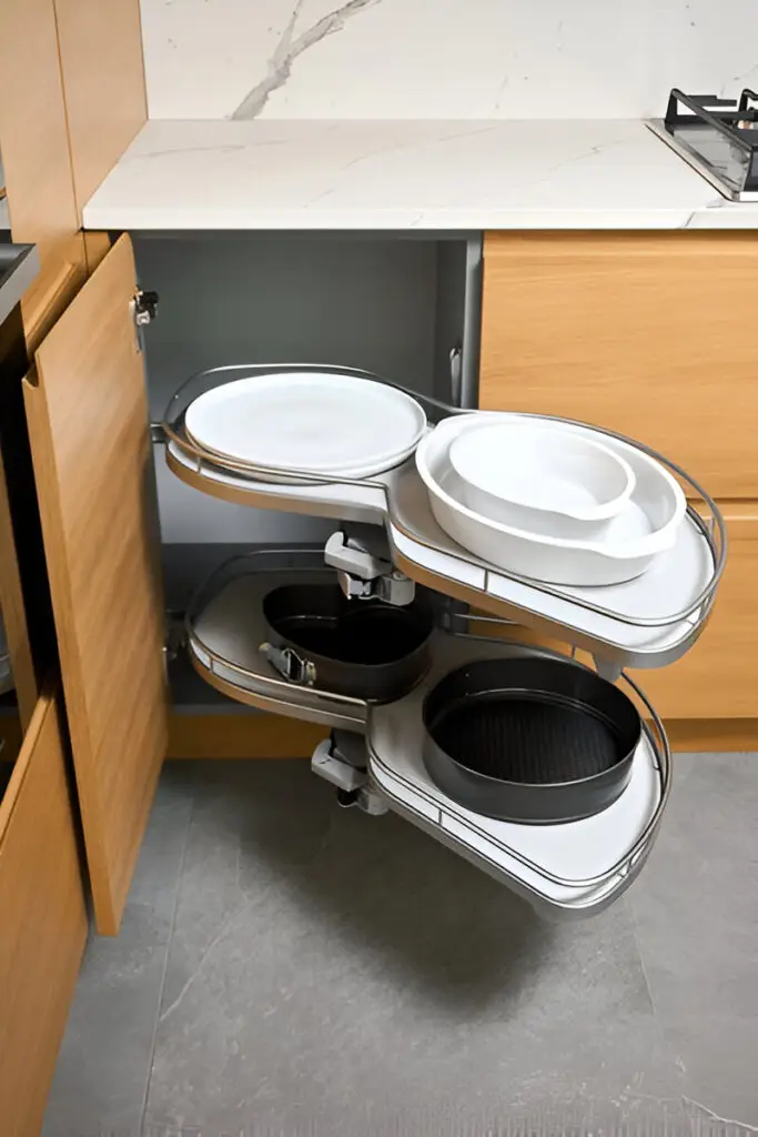 10 Must-Have Kitchen Cabinet Accessories for a Super Organized Space 6 A modern kitchen cabinet with a pull-out swivel storage system, neatly organizing plates, bowls, and cookware for easy access.