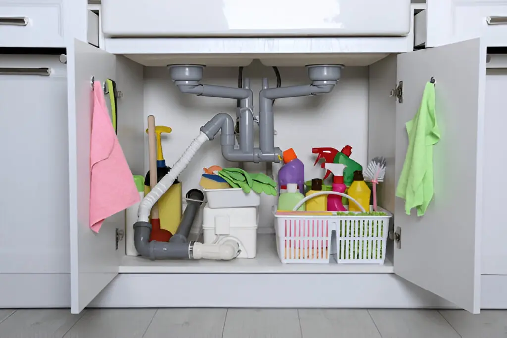 How to Organize Your Kitchen Cabinets Like a Pro (Step-by-Step Guide) 10 A neatly organized under-sink cabinet in a kitchen, storing cleaning supplies, gloves, brushes, and spray bottles in plastic bins.