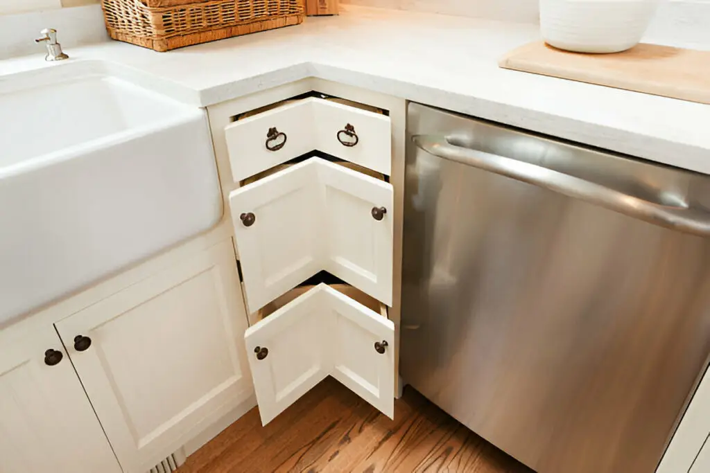 Hidden Kitchen Cabinet Storage Ideas You Need to Try 3 Corner kitchen cabinet with uniquely shaped pull-out drawers