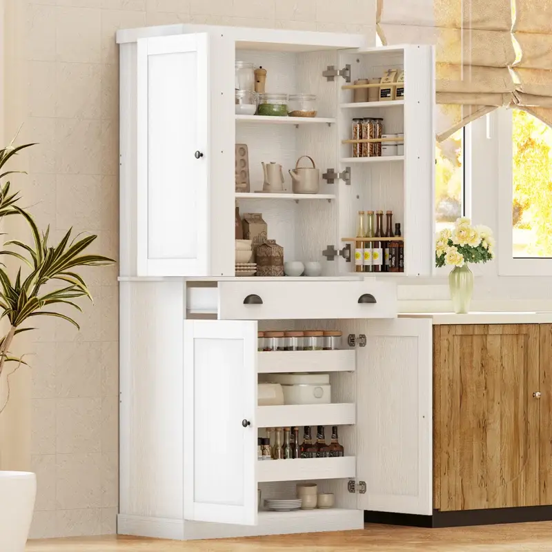 A stylish white kitchen pantry cabinet with multiple storage compartments, including sliding shelves, hanging door racks, and spacious shelves for organized kitchen essentials.