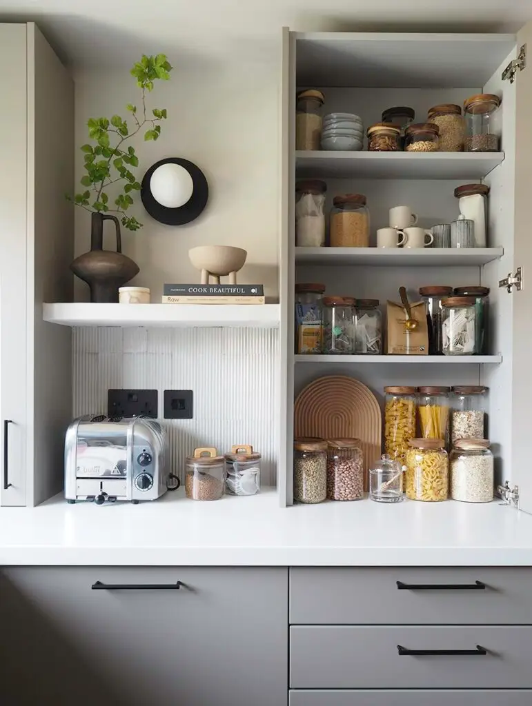 A modern kitchen pantry with neatly arranged glass jars filled with dry goods, stylish decor, and a minimalist countertop featuring a chrome toaster.
