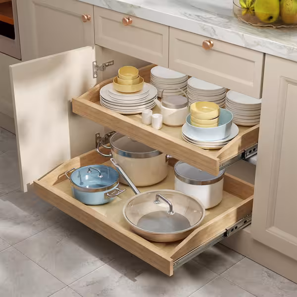 A modern kitchen cabinet with pull-out drawers, neatly organizing cookware, dry goods, and kitchen essentials.