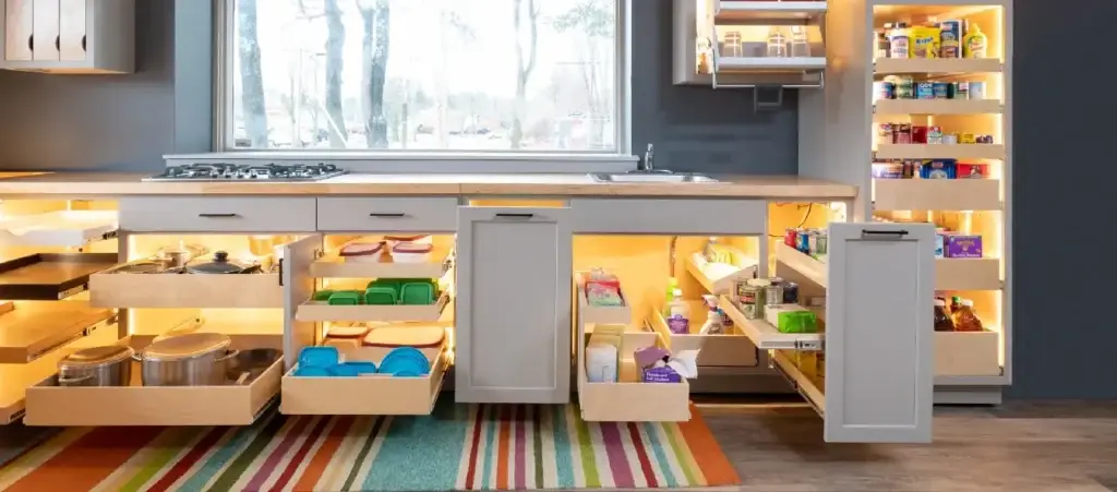A modern kitchen with fully extended pull-out drawers and pantry shelves, featuring built-in lighting and an organized storage system for cookware, pantry items, and kitchen essentials.