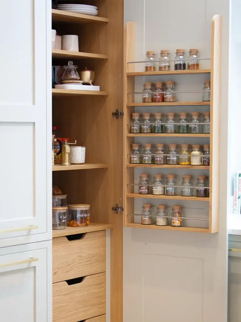 A stylish and organized pantry with a built-in spice rack on the cabinet door, featuring glass spice jars with cork lids and labeled containers for easy access.