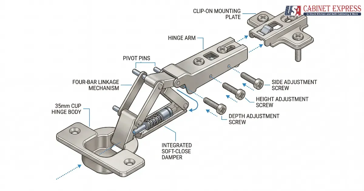 The Kinetic Kitchen: A Comprehensive Guide to Measuring the Quality of Cabinet Door Opening Mechanisms 2 Exploded diagram of a concealed soft-close cabinet hinge and its components