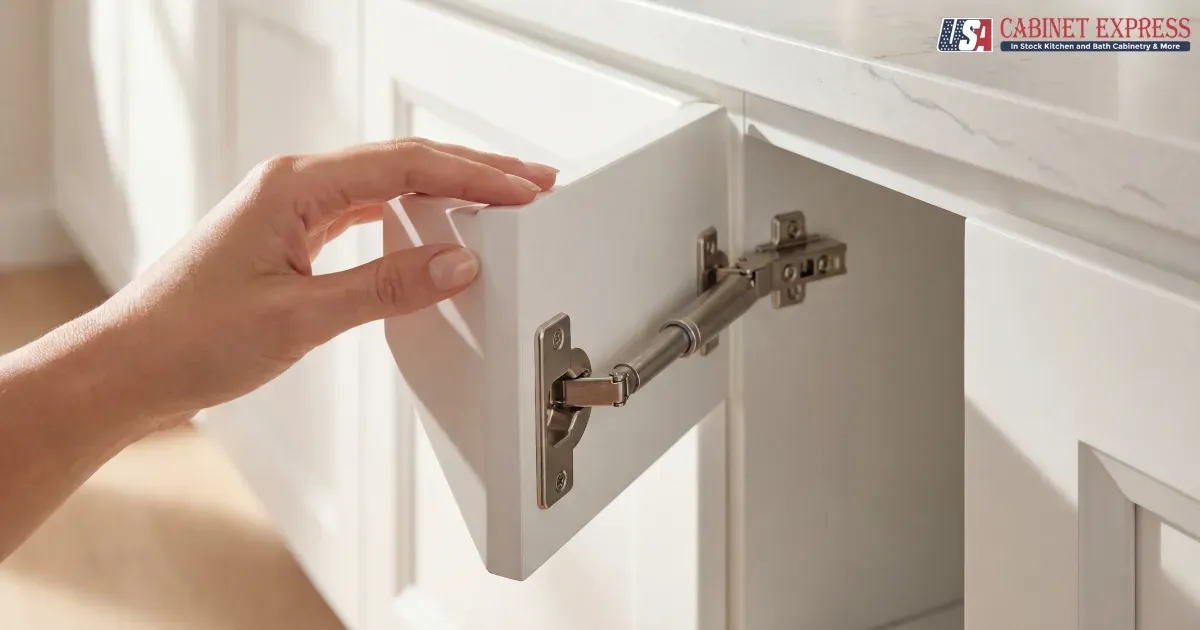 The Kinetic Kitchen: A Comprehensive Guide to Measuring the Quality of Cabinet Door Opening Mechanisms 5 Hand closing a base cabinet door equipped with a soft‑close hinge in a white kitchenHand closing a base cabinet door equipped with a soft‑close hinge in a white kitchen
