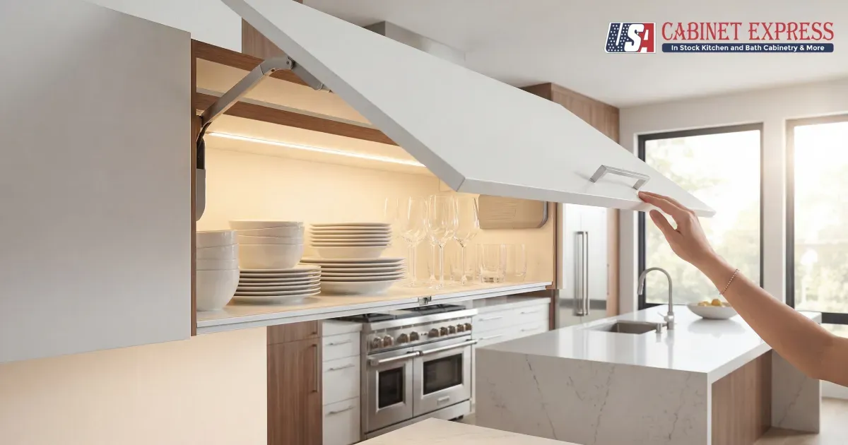 The Kinetic Kitchen: A Comprehensive Guide to Measuring the Quality of Cabinet Door Opening Mechanisms 4 Hand operating horizontal lift-up wall cabinet in kitchen