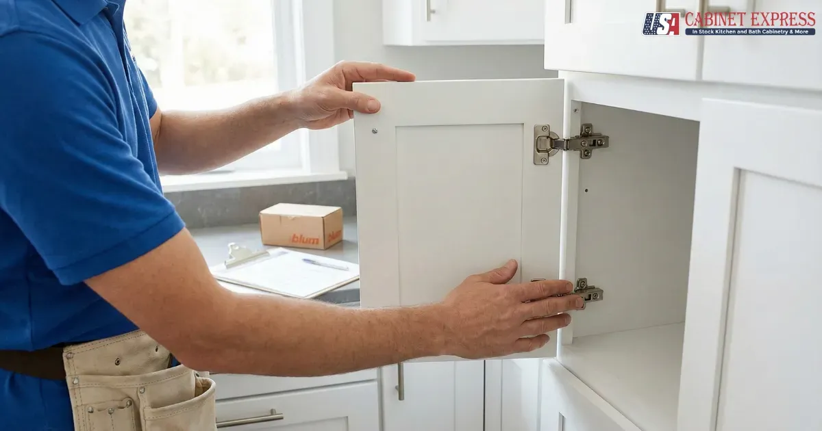 The Kinetic Kitchen: A Comprehensive Guide to Measuring the Quality of Cabinet Door Opening Mechanisms 10 Installer adjusting base cabinet door hinges in white shaker kitchen
