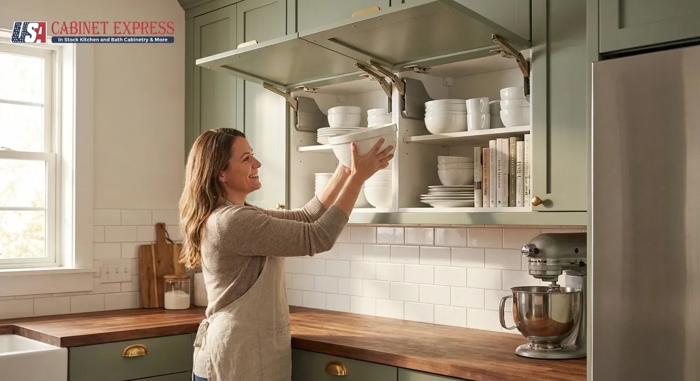 Woman accessing wall cabinet with lift-up door mechanism in modern kitchen
