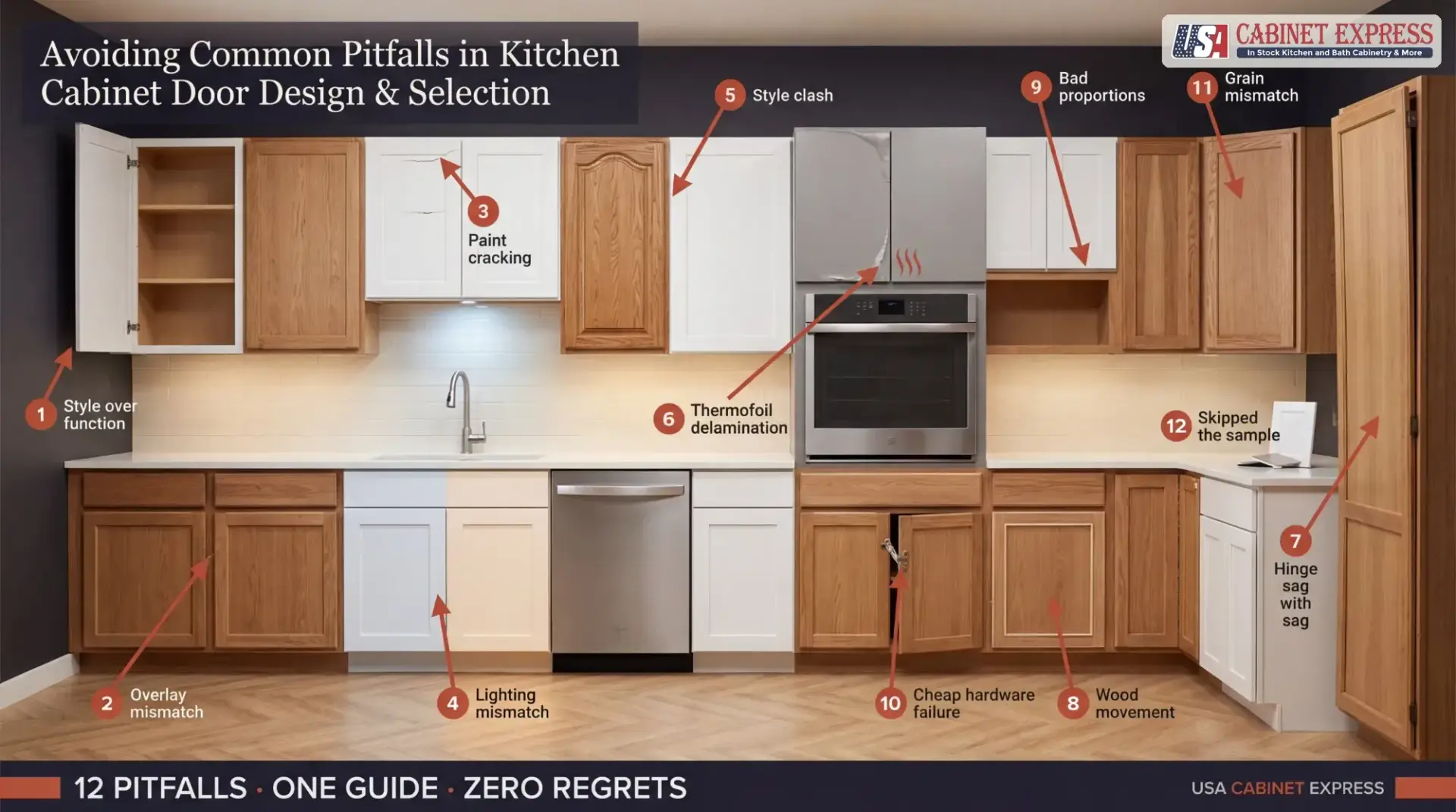 Annotated kitchen cabinet wall with 12 numbered arrows pointing to common cabinet door failures including overlay mismatch, paint cracking, thermofoil peeling, hinge sag, grain mismatch, and proportion errors