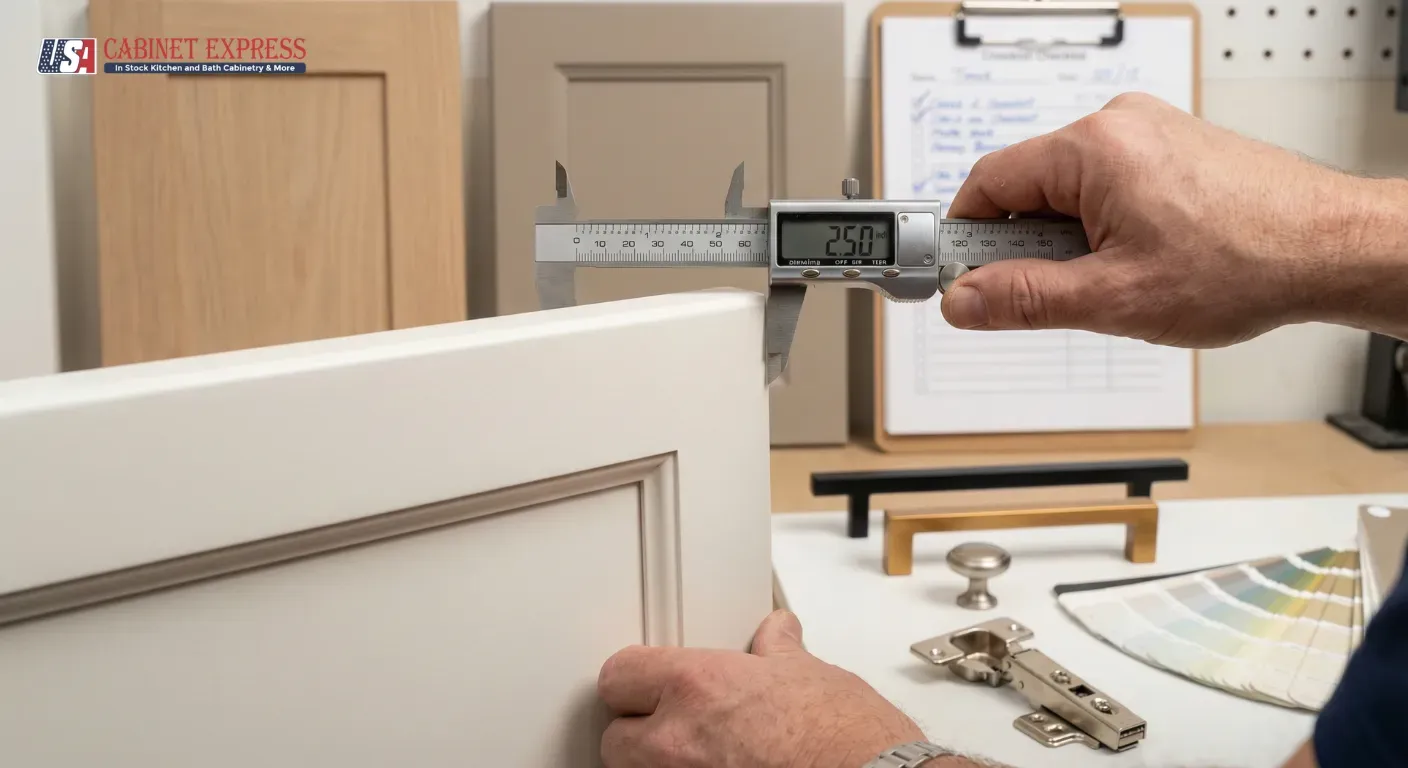 Transitional Kitchen Cabinet Door Styles: A Metrics-Based Checklist 2 Contractor measuring transitional Shaker cabinet door rail width with digital calipers showing 2.50 inches — the Gold Standard transitional metric — with concealed hinge, matte black and brass hardware pulls, paint swatches, and checklist clipboard in background USA Cabinet Express