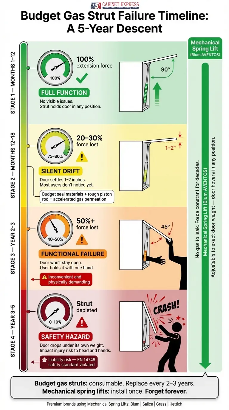 How Cheap Cabinet Hardware Fails: The Failure Timeline, Hidden Costs, and Safety Risks Every Contractor Should Know 3 Gas Struts The Time Bomb in Overhead Cabinets