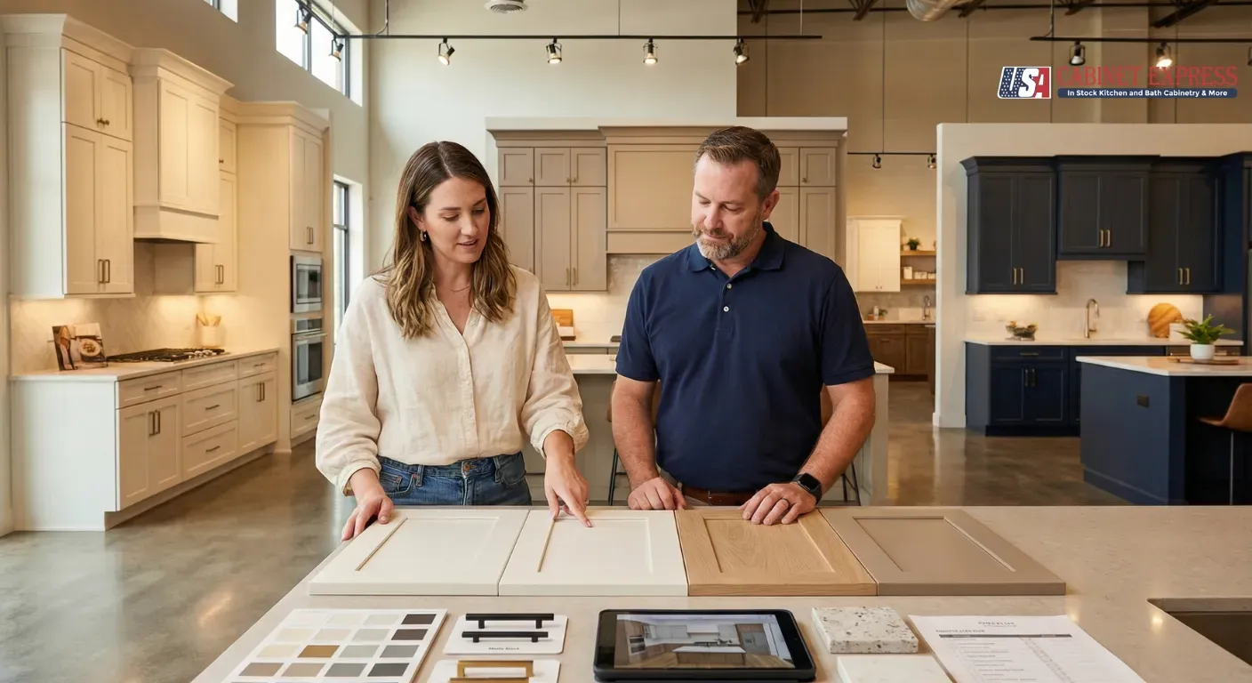Transitional Kitchen Cabinet Door Styles: A Metrics-Based Checklist 1 Homeowner and cabinet design consultant reviewing transitional Shaker door samples, hardware options, and a kitchen design tablet at a USA Cabinet Express showroom with warm white, taupe, natural oak, and navy blue kitchen vignettes in the background
