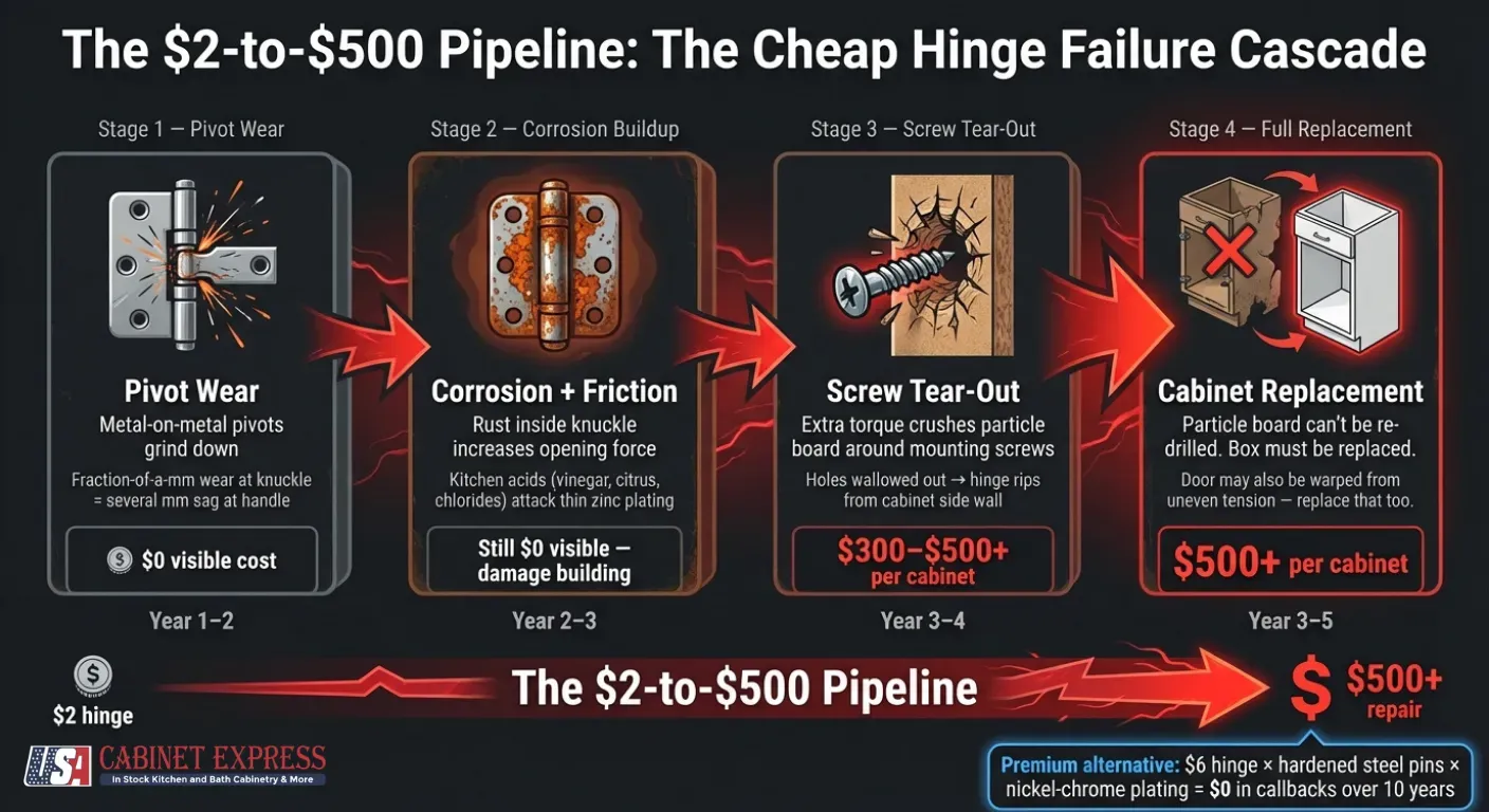 How Cheap Cabinet Hardware Fails: The Failure Timeline, Hidden Costs, and Safety Risks Every Contractor Should Know 1 the cheap hinge failure cascade