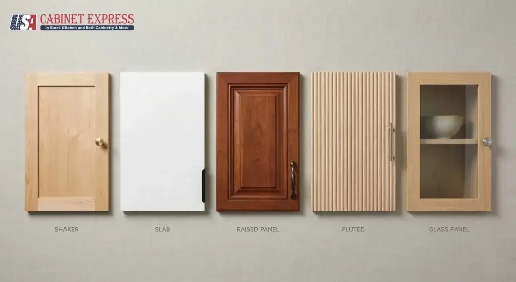Five kitchen cabinet door styles compared side by side: Shaker, slab flat panel, raised panel, fluted reeded, and glass panel — evaluating cabinet door sustainability by profile type