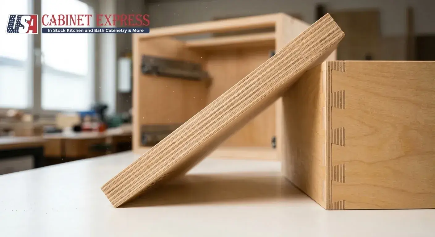 Key Metrics for Evaluating Kitchen Cabinet Door Sustainability 3 Close-up of multi-ply plywood cross-section and dovetail joint construction in a cabinet workshop showing sustainable kitchen cabinet building quality and craftsmanship