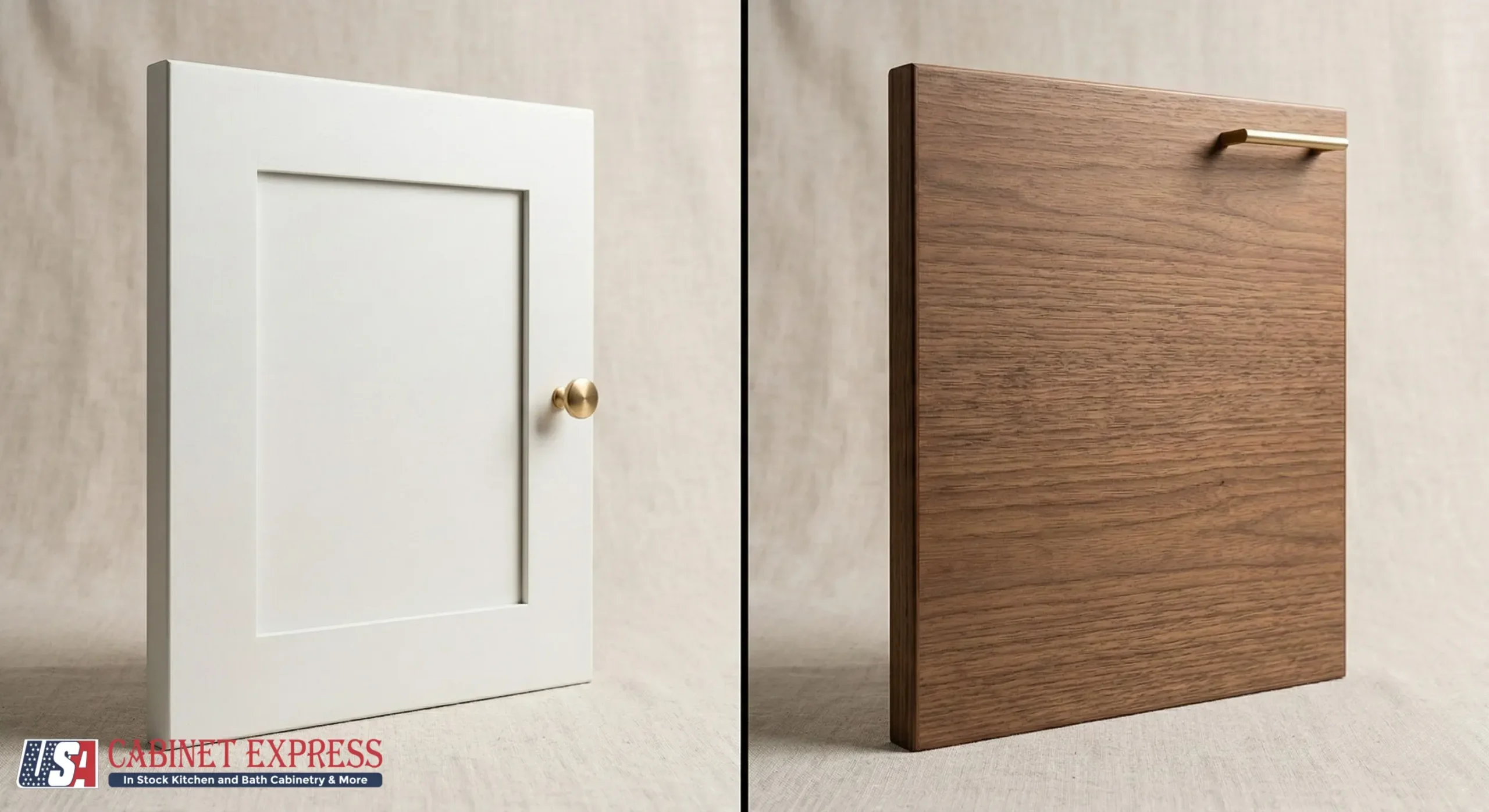 Side-by-side product comparison of a white painted five-piece Shaker cabinet door with brass knob and a natural walnut veneer slab cabinet door with brushed brass pull, shown at a slight angle on a neutral linen background highlighting wood grain texture and construction differences.