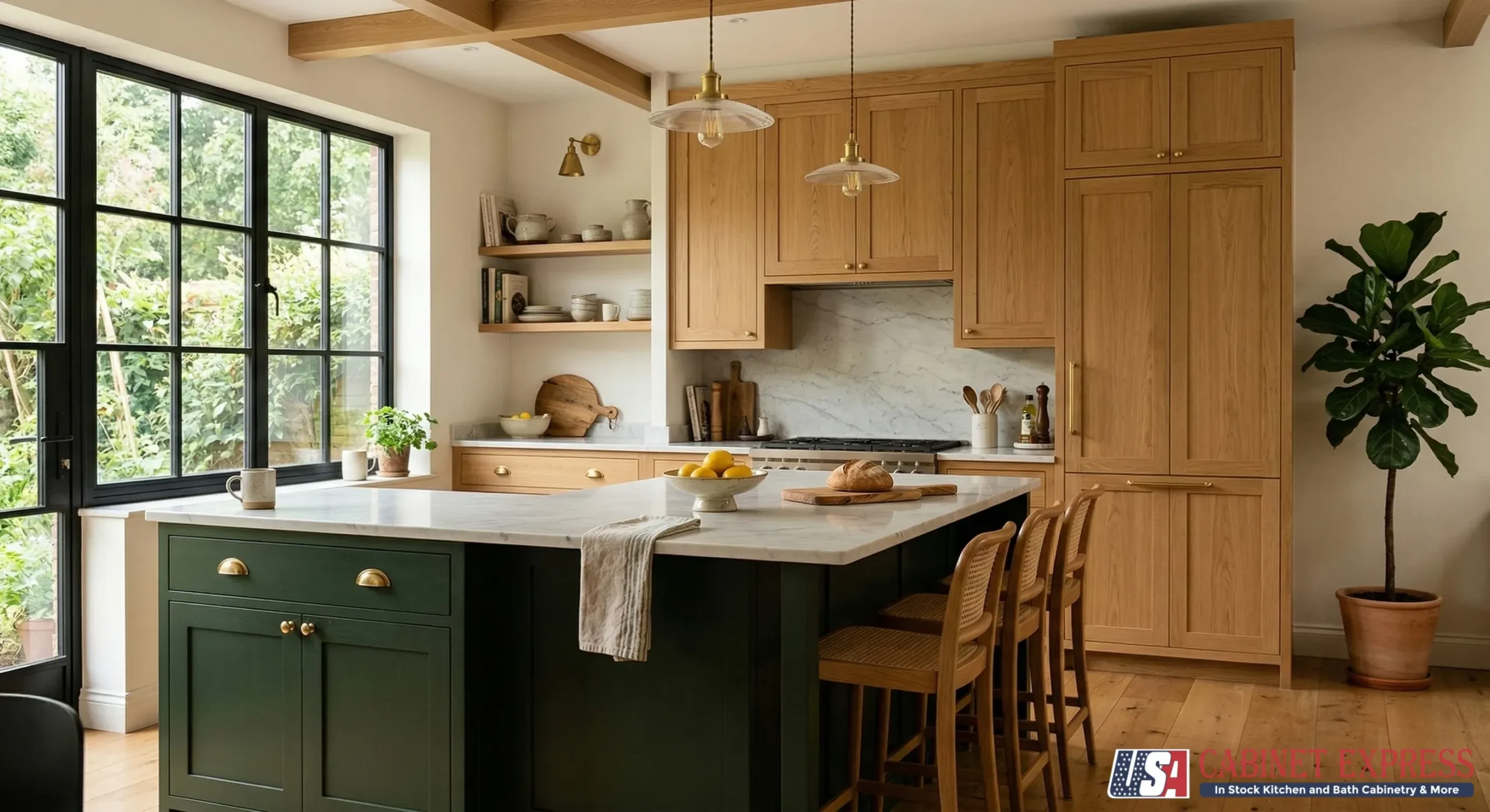 Modern biophilic kitchen interior with warm honey-toned white oak Shaker cabinets, dark forest green painted island with brushed brass cup pulls, honed marble countertops, natural wood ceiling beams, large black-framed windows with garden view, and a fiddle leaf fig plant — showcasing 2026 sustainable kitchen cabinet design trends. Sustainable Kitchen Cabinet Door Styles