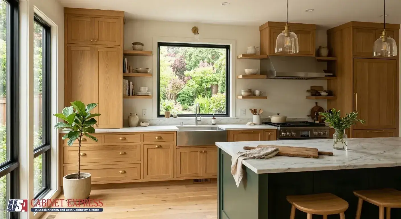 Key Metrics for Evaluating Kitchen Cabinet Door Sustainability 2 Sustainable white oak Shaker kitchen cabinets with brass hardware, stainless steel farmhouse sink, and forest green island with marble countertop — cabinet door sustainability hero image