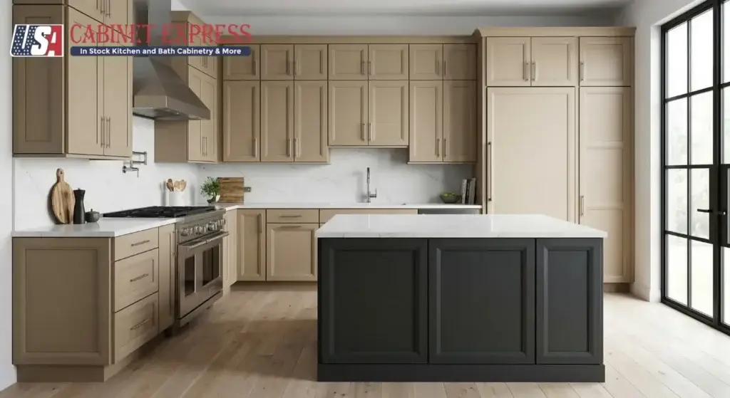 Two-tone kitchen featuring warm taupe Shaker cabinet doors on perimeter and dark charcoal island with marble countertops and wide-plank oak flooring — durable cabinet door styles for long-lasting kitchens
