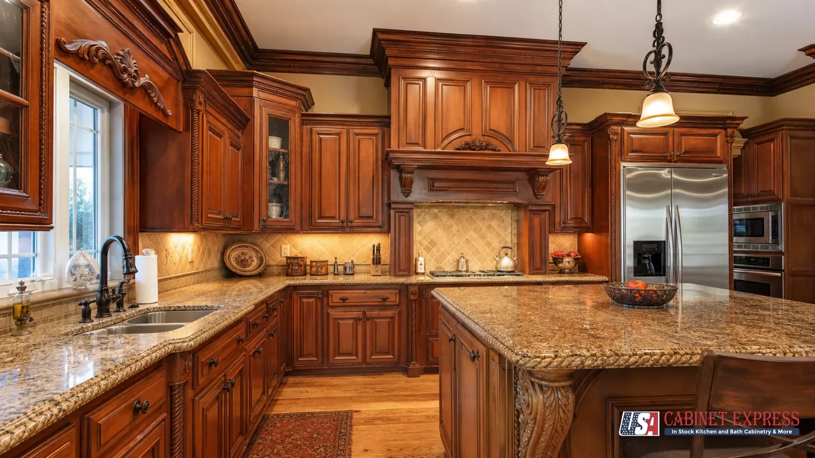 Are Raised Panel Cabinets Outdated? A Designer's 2026 Answer 5 Early 2000s kitchen with orange-toned raised panel cabinets, rope trim and carved corbels