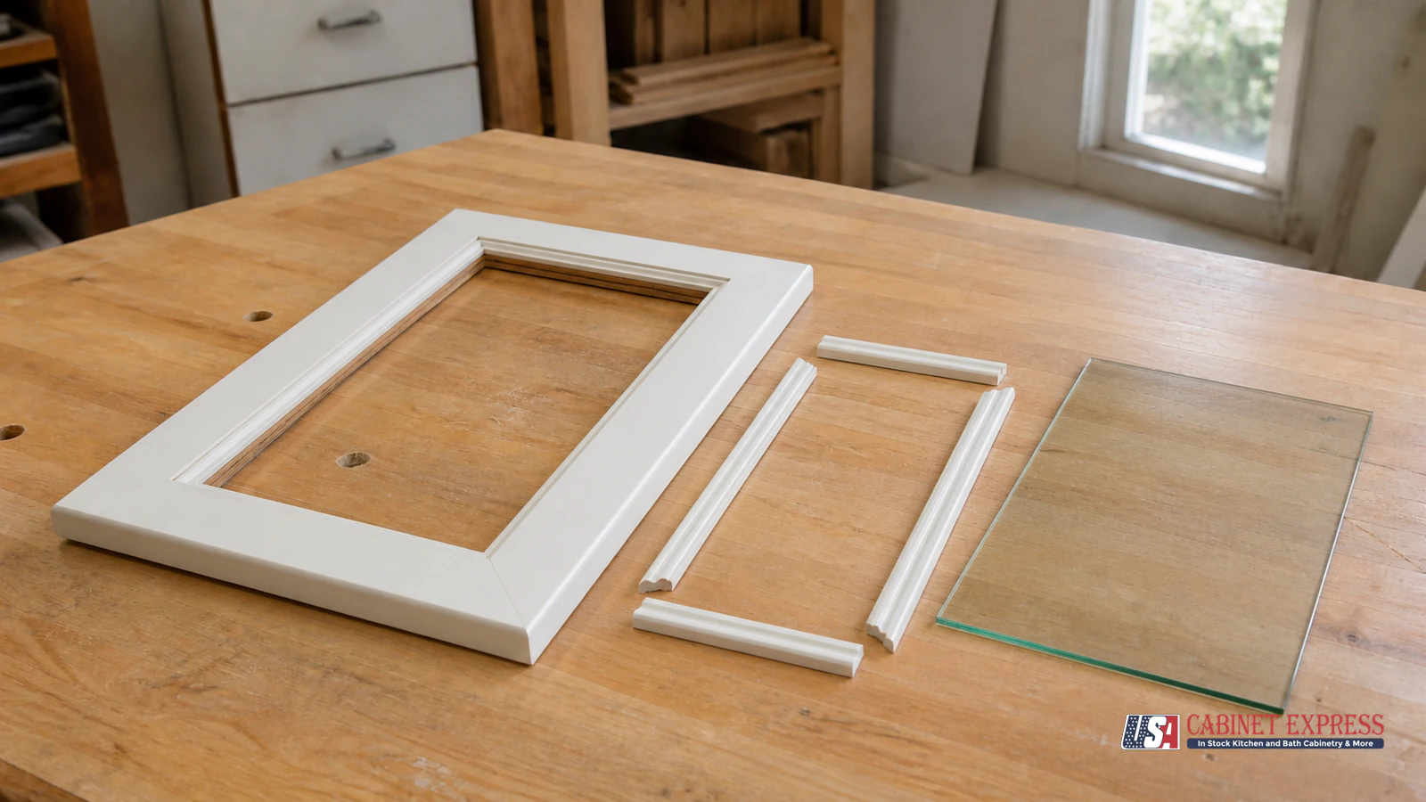 Five piece cabinet door with the center panel removed ready for a glass insert