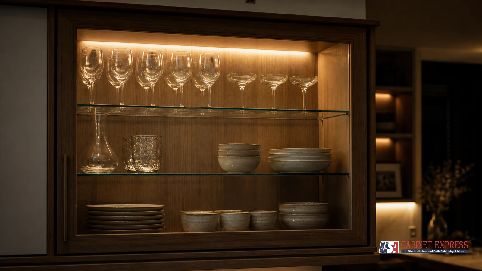 Interior lighting in a glass front cabinet with a finished interior and wood shelves