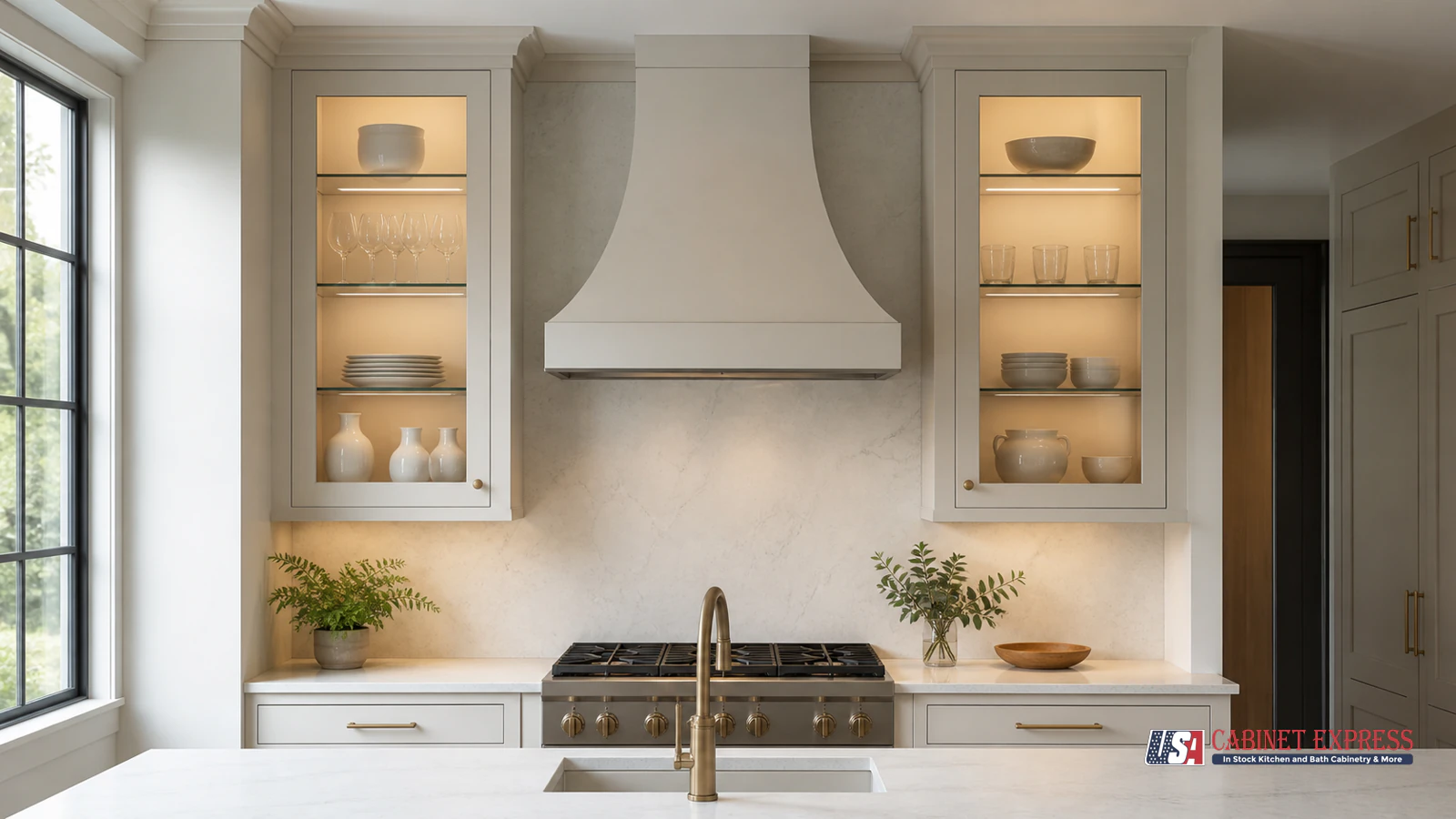Kitchen with glass front upper cabinets flanking a range hood
